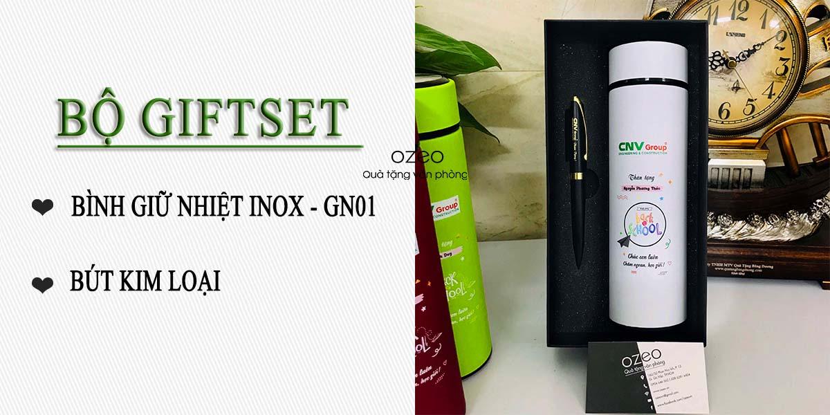 Bộ Giftset bình giữ nhiệt inox GN01 in hình và bút kim loại khắc laser giá 440.000đ