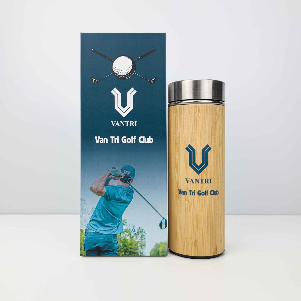 bình giữ nhiệt vỏ tre kèm hộp đựng in logo SÂN GOLF VÂN TRÌ